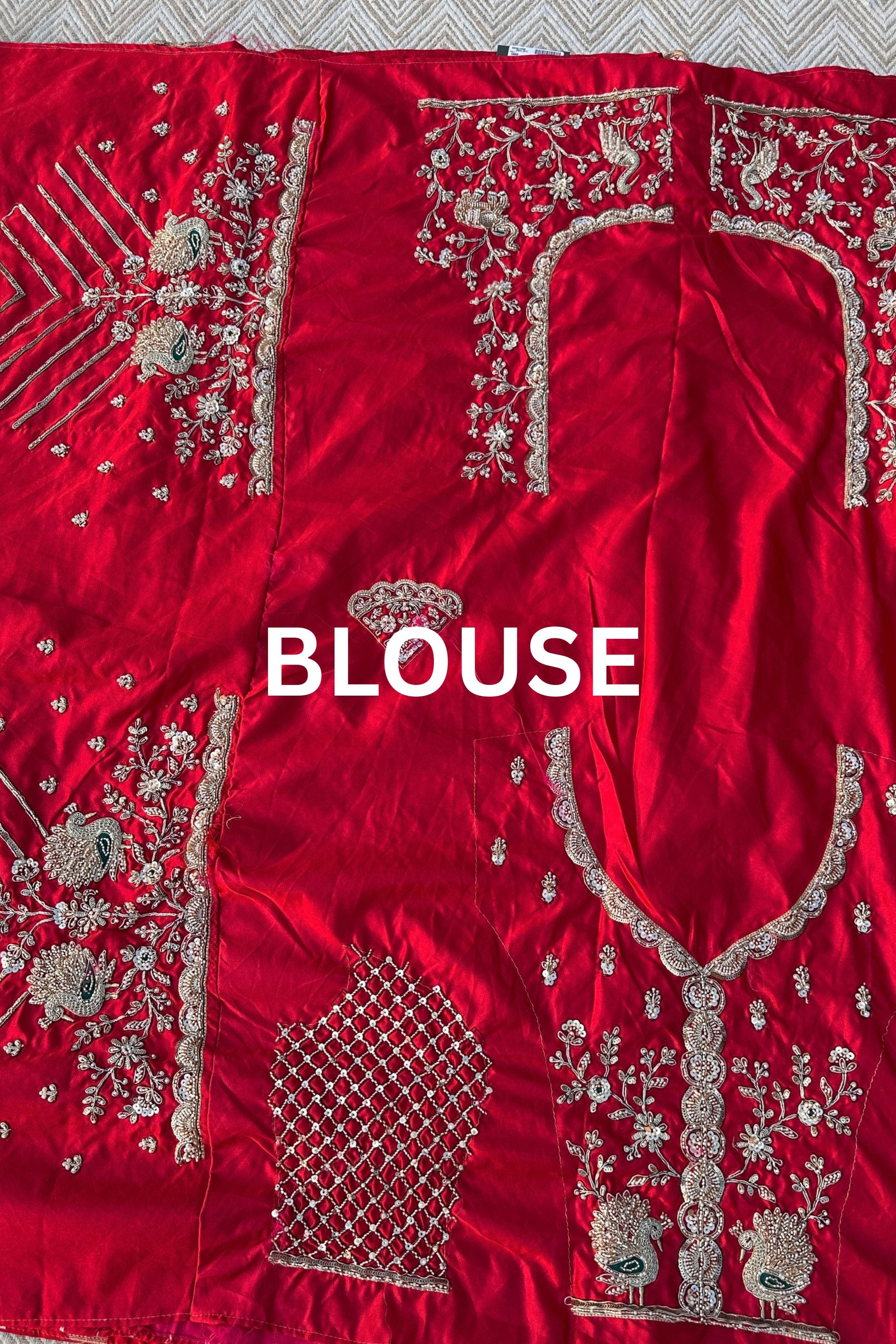 Red Rani Banarasi Satin Unstitched Saree Embellished With Zari, Moti, Sequins & Cutdana Work